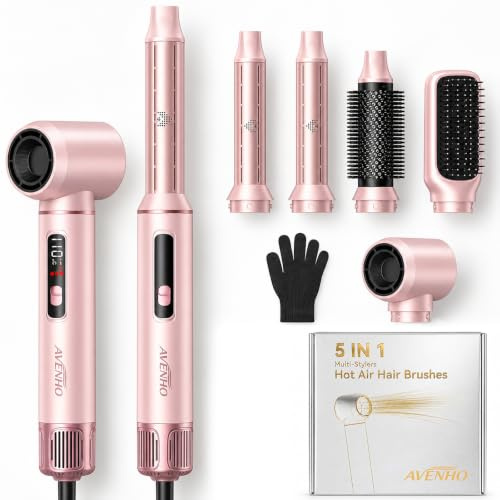 AVENHO 5-I-1 Multistyler Airstyler Med LCD-Display, Jonisk Varmluftsborste Med Utbytbara Luftlocktång, Volym- Och Plattborste, 1000W, 3 Värmelägen, Styling För Alla Hårtyper