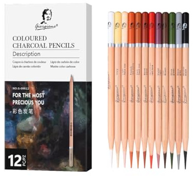 Lápices de carbón de colores, juego de 12 bocetos con núcleo de plomo de 4 mm, acabado mate de madera, palos de dibujo multicolor para artistas (bolígrafo de carbón de 12 colores)