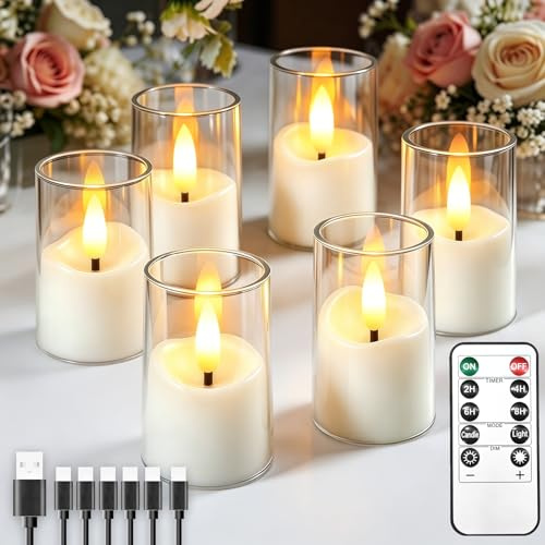 6 Pack Small Rechargeable Acrylic Flameless Candles with Remote Timer