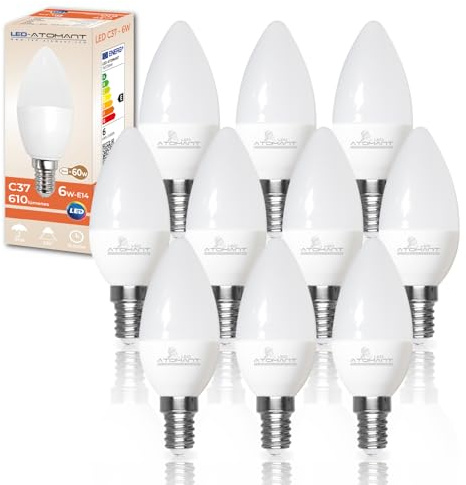 LED ATOMANT Pack 10x Bombilla LED E14 Vela C37 6W, Color Blanco Neutro, 610 Lumenes, Casquillo fino, Equivalente a 60W tradicional