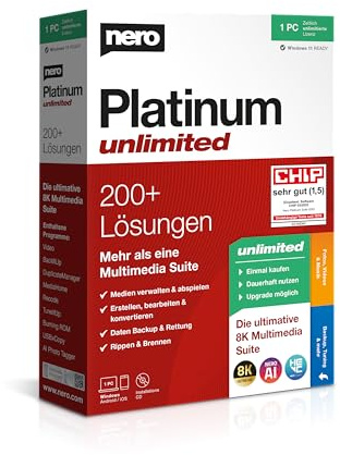 Nero Platinum Unlimited | All-in-One Multimedia Suite | Video Editing 4K/8K | Photo AI | Music & Media Tools | Convert & Burn | Backup & PC Optimisation | Lifetime License | 1 PC | Windows 11/10/8/7