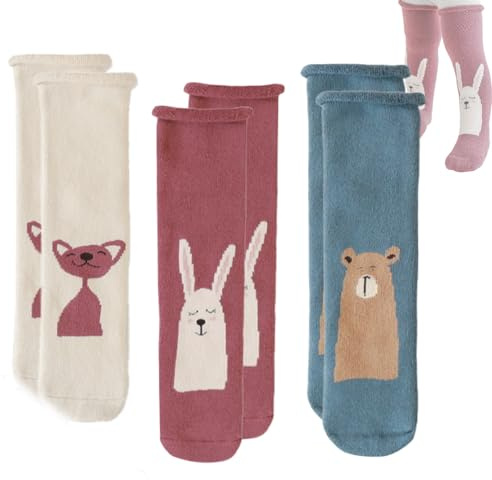 3 Pairs Baby Thicker Thermal Socks Winter Over-Knee High Crew Socks Animal Pattern Cotton Soft Terry Socks Cute Funky Stockings Anti-Slip Warm Walking Socks for 0-5 Years Toddler Girls Boys