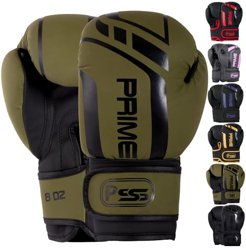 PSS Black Series Leder Boxhandschuhe Kinder 3-14 Jahre 4oz 6oz 8oz Junior Jungen Mädchen Boxen Muay Thai English French Kickboxing, Ref 1025, Kommando Grün Größe 8 oz