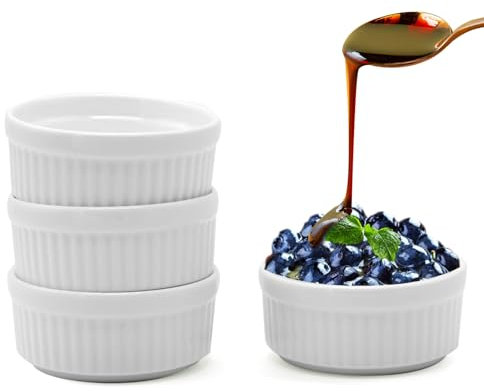 ICEBLUEOR Juego de 4 ramequines de porcelana, cuencos pequeños, ollas para salsas, horno y freidora de aire, ramequines y platos de soufflé para soufflé, crema brulee, cupcakes, natillas, pudín,