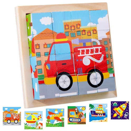 Würfelpuzzle Holz, 3D Bilderwürfel Puzzlespiele, 6 in 1 Auto-Motive Holzpuzzle Montessori Spielzeug, Puzzlespiele für Kinder ab 1 2 3 Jahre, Montessori Lernspielzeug Geschenk für Jungen Mädchen