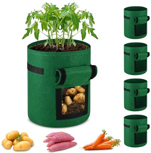 5 X 40L sacchetto per piantine in tessuto non tessuto con finestra e manici robusti per la coltivazione di patate, pomodori, fragole, fiori, piante e ortaggi sul balcone o in giardino