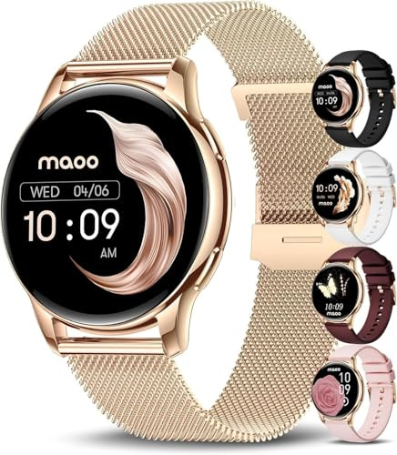 maoo Montre connectée Ventura pour Femme avec Fonction d’Appel, écran AMOLED 1,32 Pouce, cardiofréquencemètre, SPO₂, tensiomètre, Plus de 100 Modes Sport, étanche IP67, 5 Bracelets Inclus (Or Rose)
