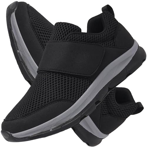 AEHO Scarpe Slip-on Fashion per Diabetici a vestibilità Ampia Scarpe Pianta Larga per Artrite Edema Piedi Gonfi Scarpe da Uomo in Pelle Chiusura Regolabile Scarpa Ortopedica,Nero,43/265mm