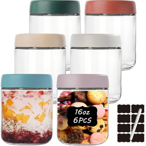 twoant 6 Pack 16oz Overnight Oats Containers with Lids Wide Mouth Mason Salad Jars Glass Food Storage Containers for Snacks Yogurt Spice Sugar Meal Prep with Stickers and Marker