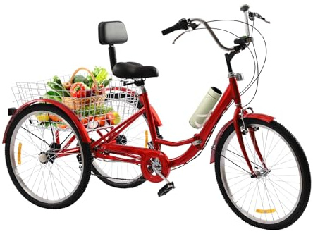 JINPRDAMZ 24 tums trehjuling för vuxna, rött fällbart hjul 3-hjul cykel 7-växlad lastcykel med framljus, korg och ryggstöd, tricycle för vuxna män, kvinnor och seniorer.