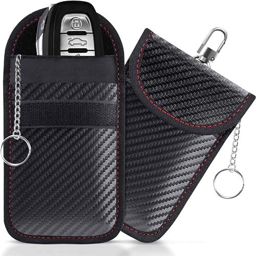 VYZUTR Schutz Autoschlüssel, 2 Stück Mini Faraday Taschen Kohlefaser Leder Keyless Go Schutzhülle Blocker Schlüsseletui 14,5 x 9,5cm