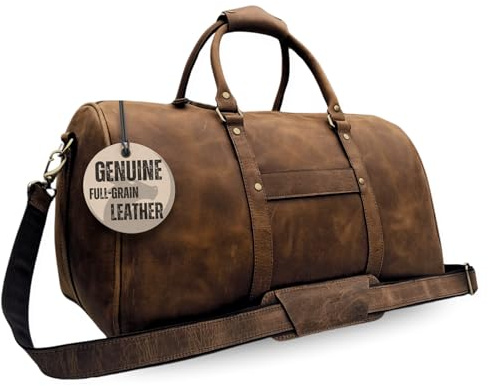 Genuine Leather Duffle Bag for Men & Women, 21 Inch Full Grain Distressed Travel Bag, Rustic Weekender Travel Duffel, Vintage Overnight Holdall w/Shoe Compartment By MUSKIE
