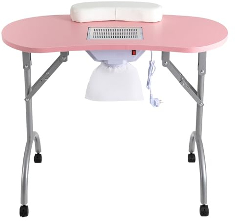 MEELRYD Manikyrbord, mobil vikbar nagelstation bärbart vattentätt manikyrbord med sugkraft för hemtekniker, spa, skönhetssalong, arbetsplats (rosa), ROSA, modern