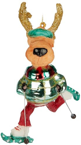 BRUBAKER Elch Skifahrer - Handbemalte Weihnachtskugel aus Glas - 12,5 cm Baumkugel Skielch mit Brille und Snowblade Skiern - Mundgeblasener Christbaumschmuck - Figur Lustig Deko Anhänger