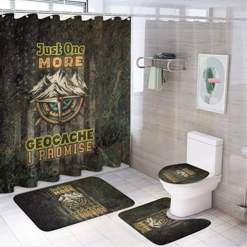 NBKGRJHIO Geocaching USA Flag 4Pcs Bathroom Shower Curtain Set,Bathroom Sets with Rugs (Bath Mat,U Shape and Toilet Lid Cover Mat), Bathroom Decor Set,Bathroom Curtain