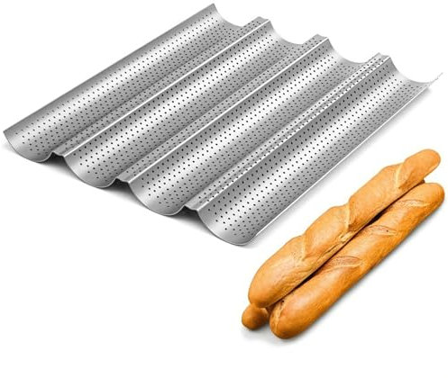 Teglia da forno per baguette, teglia per pane, per 4 fessure ondulate per pane francese (38,1 x 33 cm)