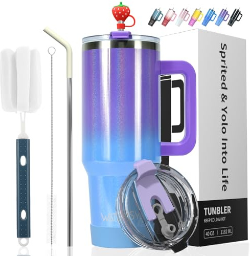 WATERSY Doppelwandiger 40oz Kaffeebecher to Go Thermobecher Edelstahl Vakuum Auslaufsicher Trinkbecher mit Griff und Strohhalm Thermo Tumbler Lila Blau Glänzend