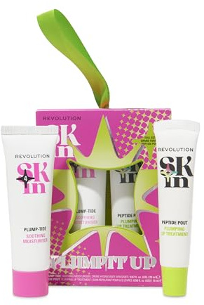 Revolution Skin Plump It Up Gift Set, avec crème Plump-Tide et baume à lèvres Peptide Pout, format voyage, Végan et non testé sur les animaux