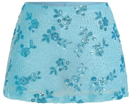 LTZYLS Women's Sequin Skirt Sparkly Low Rise Mini Skort Y2K Beaded Rhinestone Skirt Summer（Blue，Small）