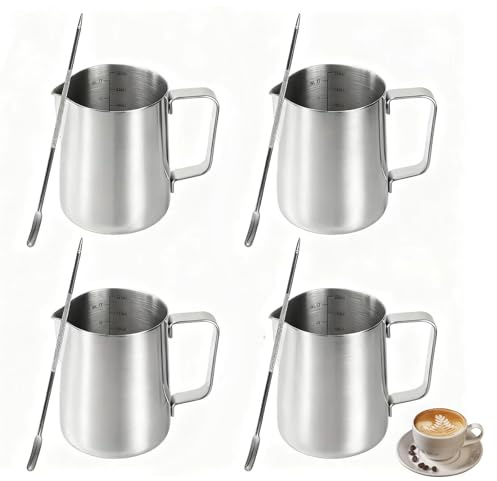 HAOTIAN-X Set di 4 montalatte in acciaio inox, 350 ml, con scala di misurazione e penna decorativa per latte art, bricco per macchine da caffè, cappuccino, latte e caffè espresso
