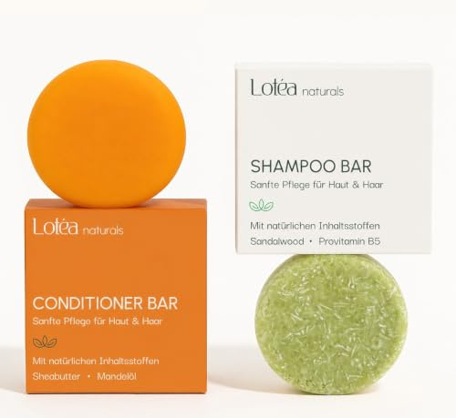 Festes Shampoo Sandelholz und Feste Spülung Pfirsich im Set – Natürliches Haarpflege Duo ohne Plastik, Silikone und Parabene – Feuchtigkeitsspendend und Pflegend für Damen und Herren – Lotea Naturals