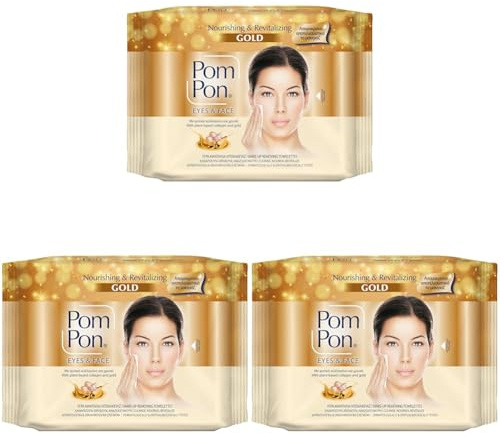 Pom Pon GOLD Salviette Struccanti Viso e Occhi, con Ingredienti Naturali, Nutrienti e Rivitalizzanti, 20 unità (Confezione da 3)
