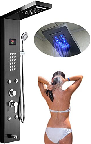 Duschpanel Tower System LED-duschsystem i rostfritt stål Duscharmatur Duschpelare Regnduschhuvud Handduscharmatur Duschset Massagemunstycken Black