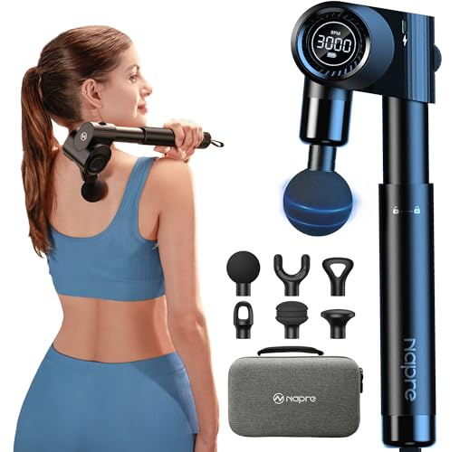 Pistola Massaggio Pieghevole NAPRE: Manico Estensibile & 5 Angoli, Massaggio Schiena/Tessuti Profondi per Dolori, Percussione, 32 Velocità, 6 Testine Silenziosa con Custodia