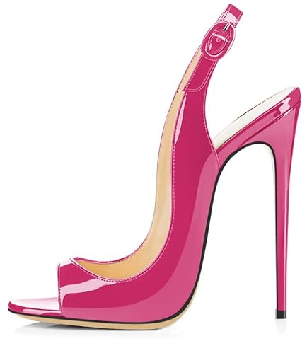 Mettesally Sandales à Talons Hauts Femme Talon Aiguille Rosa Vif 12cm Cuir Vernis Peep-toe Sangle Escarpins Femme Slingback Arrière Ajustable Sandales de Soirée Mode Été Élégant Lustré 44