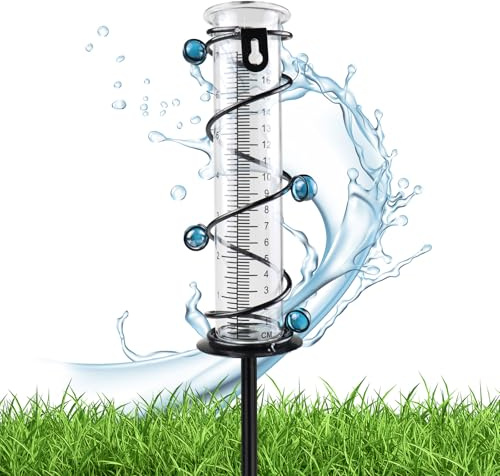 Pluviómetro Exterior, Pluviómetro de Jardín Decorativo 48 cm con Soporte de Metal en Espiral, Resistente al Exterior, Medidor de Lluvia en Cristal con Escala Clara, Decoración Jardín, Césped y Terraza