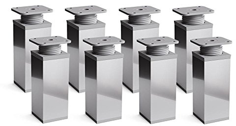 Sossai Verstellbare Möbelfüße MFV1, 8er Set, Chrom glänzend, 100 mm hoch, Vierkantprofil, ideal für Schränke und Stauraummöbel