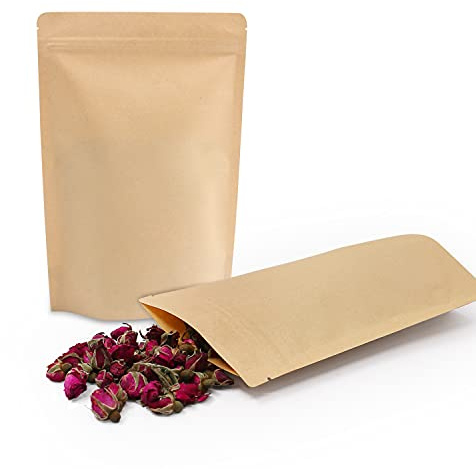 SumDirect 50Pcs 13x21cm Kraft Stand Up Food Bags, Zipper Reusable Packing Pouches Foil Lined with Tear Notch Thicken Heat Sealable, for Storing, Cookie, Snack Tea and Drinking