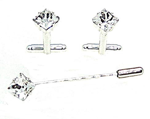 Fashionitalian Spilla e Gemelli da Cravatta con Cristalli Quadrati Argento Anallergici, Nickel Free, Accessori da Abbigliamento Formale, Tie Pin