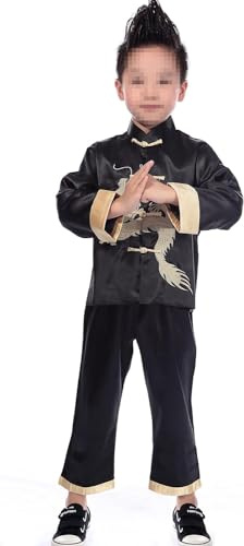 Lazutom Boys Tang Suit Kids Martial Arts Kung Fu Outfit Children Chinese Dragon Costume ((16)(140-150CM)(4.6-4.9FT)(10-12Year), Black)