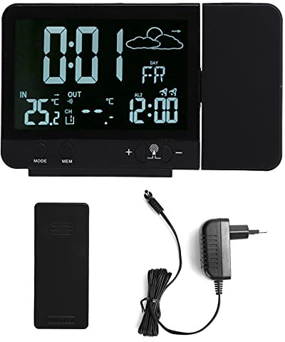 Reloj despertador de proyección digital con estación meteorológica, termómetro inalámbrico para interiores y exteriores, higrómetro con indicador de temperatura y humedad con calendario para dormitori