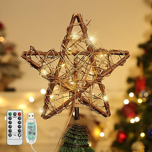 Lewondr Etoile Sapin de Noel Bois, Lumiere LED Decoration Noel Topper Arbre avec Rotin Vintage, Lampe LED avec Base en Spirale Alimenté par Batterie Decorative pour Maison Chambre Cime d'arbre, Brun