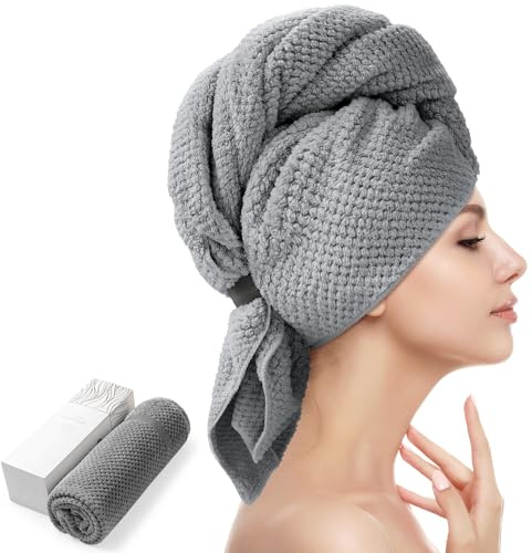 YFONG Stor mikrofiberhandduk för kvinnor, anti-frissigt torkning med elastisk rem, snabba turbaner vått hår, långt, tjockt, lockigt supermjuka handdukar mörkgrå