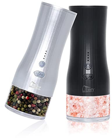 Uten Macina Sale e Pepe Elettrica, 2 Pezzi Macinapepe Elettrico con Teste di Macinazione in Ceramicaa Rugosità Regolabile, Ricarica USB, Macina Sale Automatica Operazione con Una Sola Mano