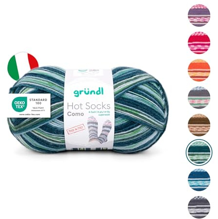 Gründl Hot Socks Como Pelote de laine pour chaussettes - 4 brins - 1 pelote de 100 g / 420 m (75% laine vierge (superwash), 25% polyamide - Bleu sarcelle/vert tilleul/blanc