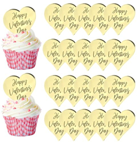 URROMA Happy Valentine's Day - Decorazioni per cupcake in acrilico, 20 pezzi, a forma di cuore, a specchio, in acrilico, con incisione