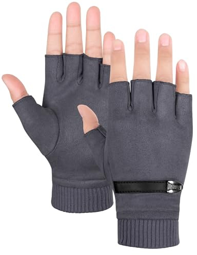 Becellen Gants Sans Doigts Hiver, Chaud Daim Demi-Doigts Mitaines Noir Ecrans Tactile Gants pour Homme Femme