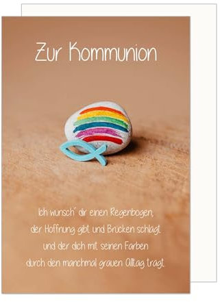 Edition Seidel Premium Glückwunschkarte zur Kommunion mit Umschlag. Kommunionskarte Karte mit Spruch Grusskarte Stein Fisch Regenbogen Junge Mädchen (KO291 SW024)
