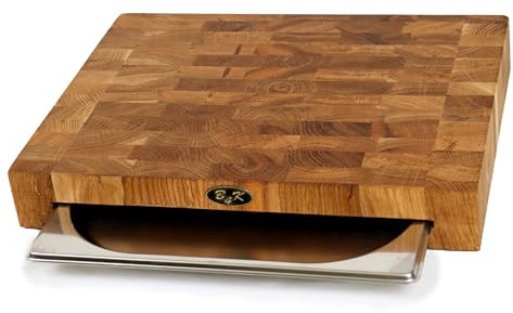 B4K® 40×30×6 cm Küchenbrett aus Eiche Stirnholz – Antibakterielles Hirnholzbrett mit Griffen, Silikonfüßen & Auffangschale