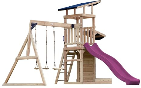 AXI Malik Casetta in Legno Bimbi Completa con 2 altalene, Scivolo Viola/Parco Giochi all'aperto con sabbiera e Muro di Gioco/Scivolo con Collegamento all'Acqua | Casetta in Legno da Esterno su
