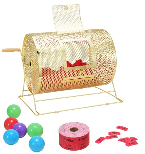 VEVOR Tambor de Tómbola de Lotería Capacidad de 5000 Boletos o 200 Pelotas de Ping-Pong Jaula de Juego de Bingo de Metal Chapado en Latón Mango Giratorio de Madera 409 x 304 mm para Evento de Votación