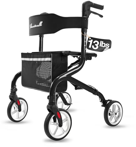 PLANET WALK Super Lightweight Rollator Walker for Seniors, Foldable Rolling Walker with Seat and 8 Rubber Wheels for All Terrain, Unique Design Aluminium Frame Sturdy Walkers for Traveling - Black