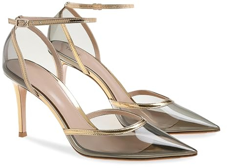 Escarpins Talons Aiguilles Transparents pour Femmes, Chaussures Talons Hauts Sexy Bout Pointu et fermé, Escarpins fête Mode avec Bride Cheville, pour Le Lieu Travail, Banquet,Gris,46 EU