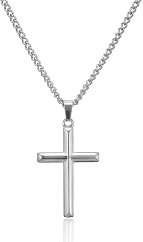 AFSTALR Kreuz Kette Herren Damen Kreuzkette Edelstahl Kette mit Hochglanzpoliert Kreuz Anhänger Christentum Kreuz Schmuck Geschenke für Männer Silber 24 Zoll