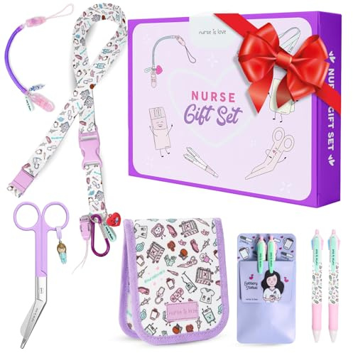 Nurse is Love Regali Personalizzati Set 5 Pz. | Porta Badge da Collo + Forbici Infermiere + Tasca Infermieri Organizer + Porta Penne da Tasca con 2 Penne Personalizzate + Porta Forbici Retrattile