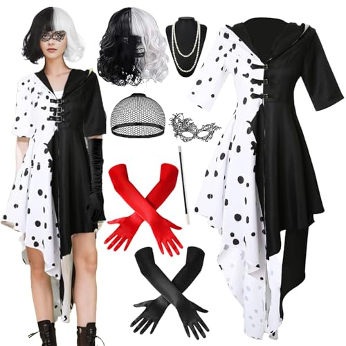 Disfraz Cruella Devil Mujer,Vestido de Cruella Deville Abrigo con Capucha en Estilo de Vestir,Vestido de Cruella Deville con Collar,Peluca,Guantes,para Fiesta Temática Carnaval Cosplay Mardi Gras (M)